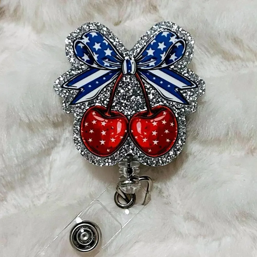 Patriotic USA Flag 4th cherry Bow coquette Retractable ID